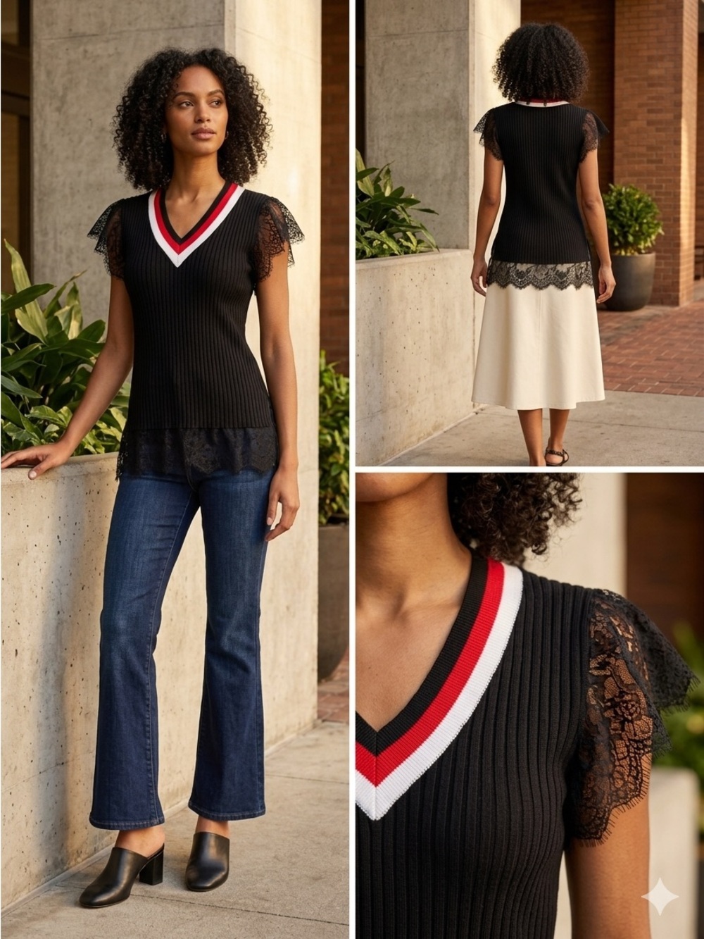 Guimanos Black Red White Ribbed Lace Trim V-Neck Top S Made In Portugal